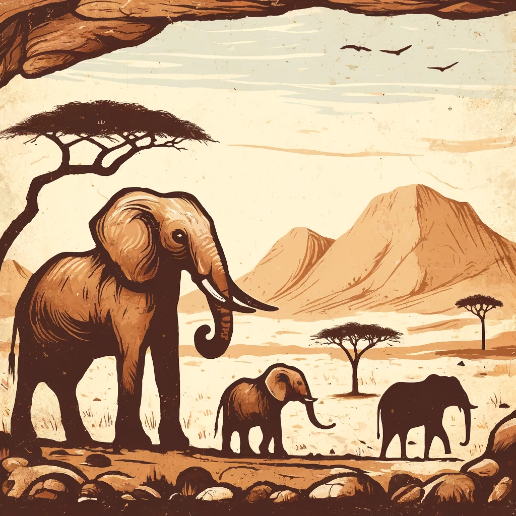 Cave art style featuring elephants in the Namibian landscape